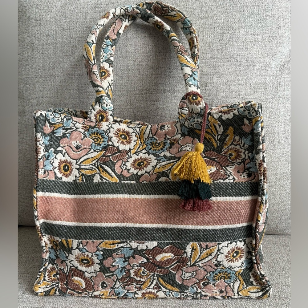 Floral & Striped Woven Tote Bag with Tassel
